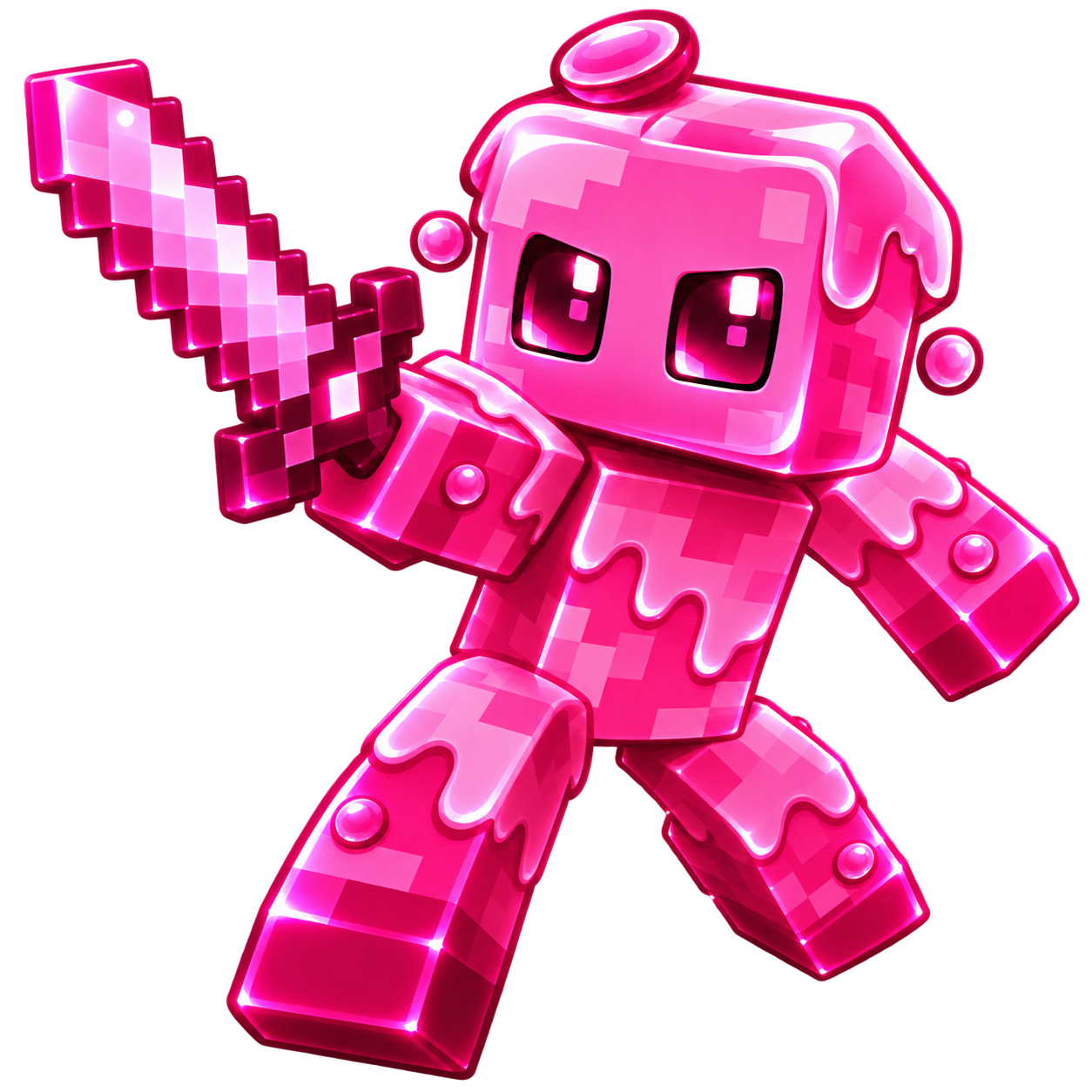 Mascote rosa da MoggMC empunhando uma espada